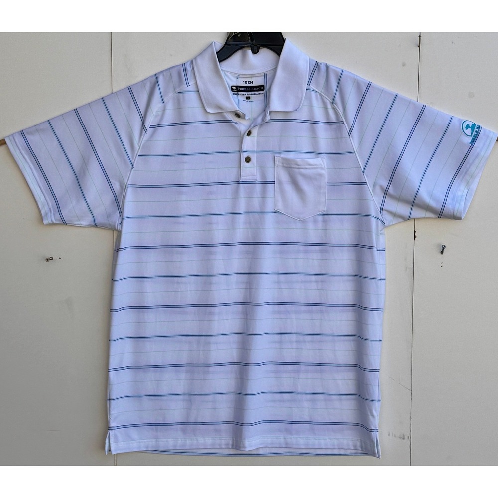 Pebble Beach Mens Dry-Luxe Performance Polo Shirt White Striped Golf Large L